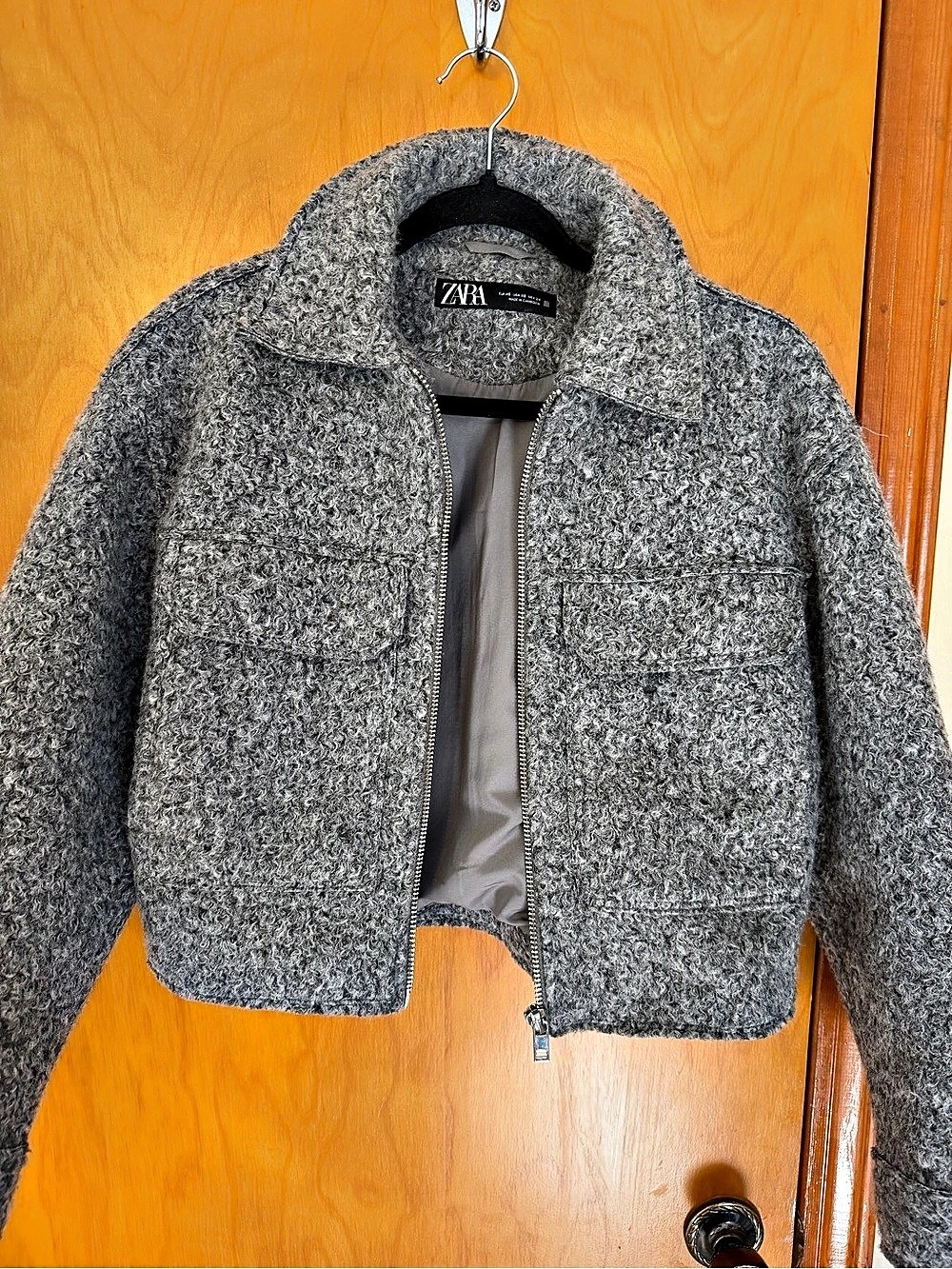 Zara Cropped Bouclé Jacket Gray Teddy Jacket XS